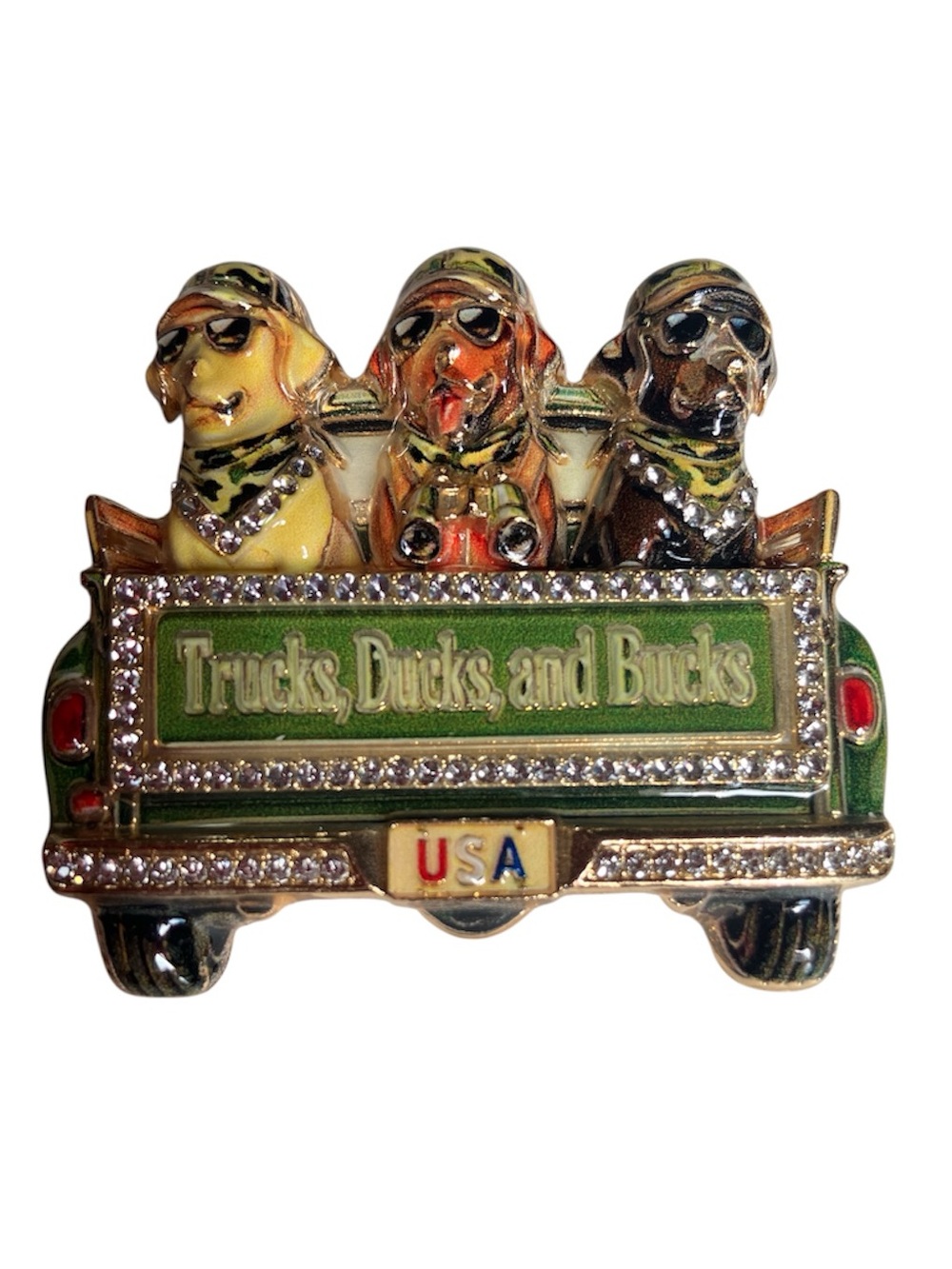 New Trucks, Ducks and Bucks Enamel Pin Green Truck & camouflage Three Dogs USA